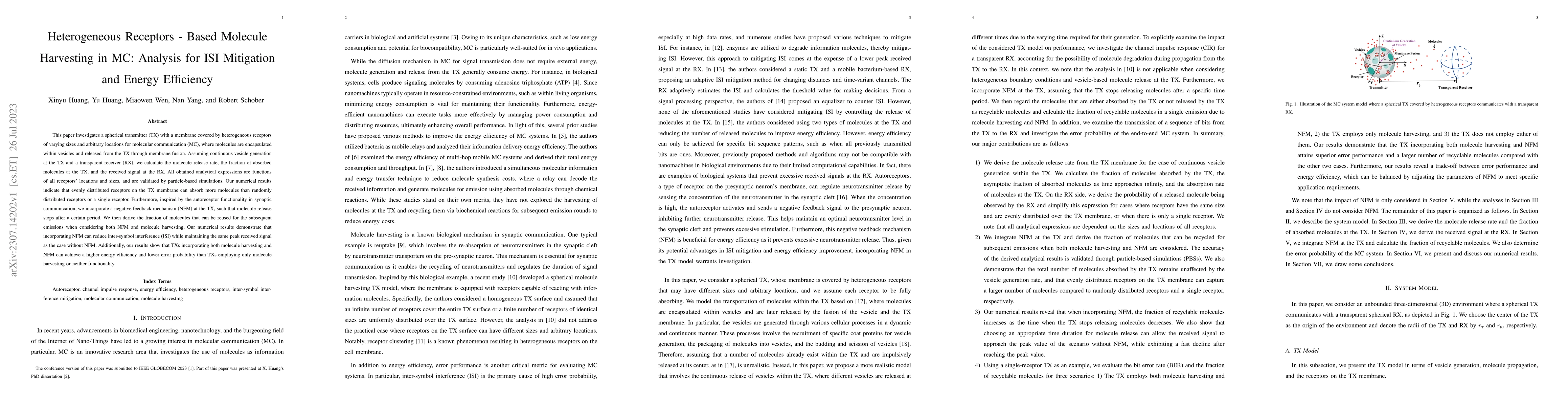 Thumbnail for Heterogeneous Receptors - Based Molecule Harvesting in MC: Analysis for
  ISI Mitigation and Energy Efficiency
