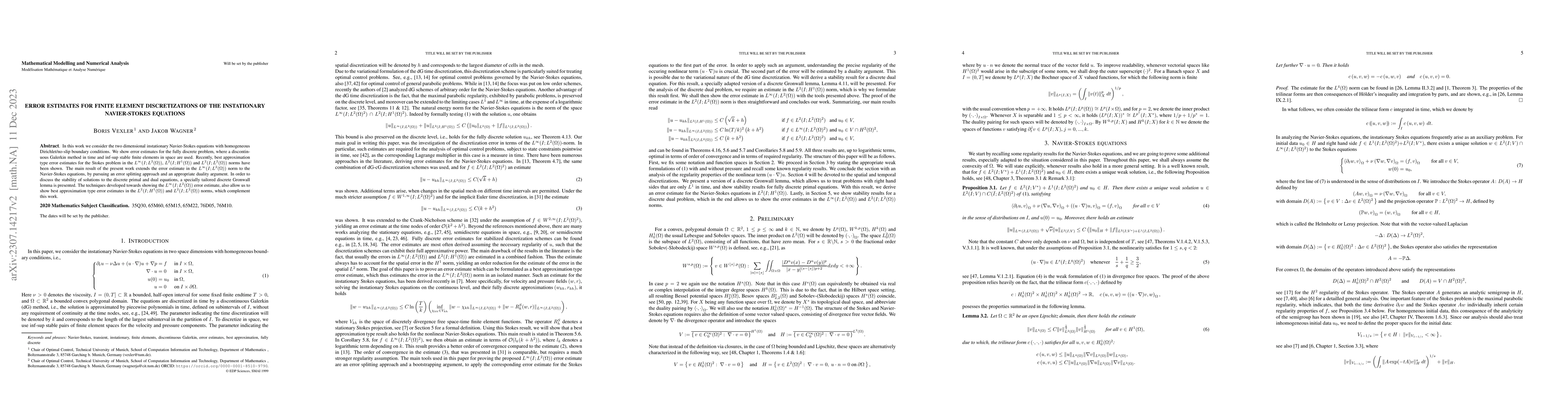 Thumbnail for Error estimates for finite element discretizations of the instationary
  Navier-Stokes equations