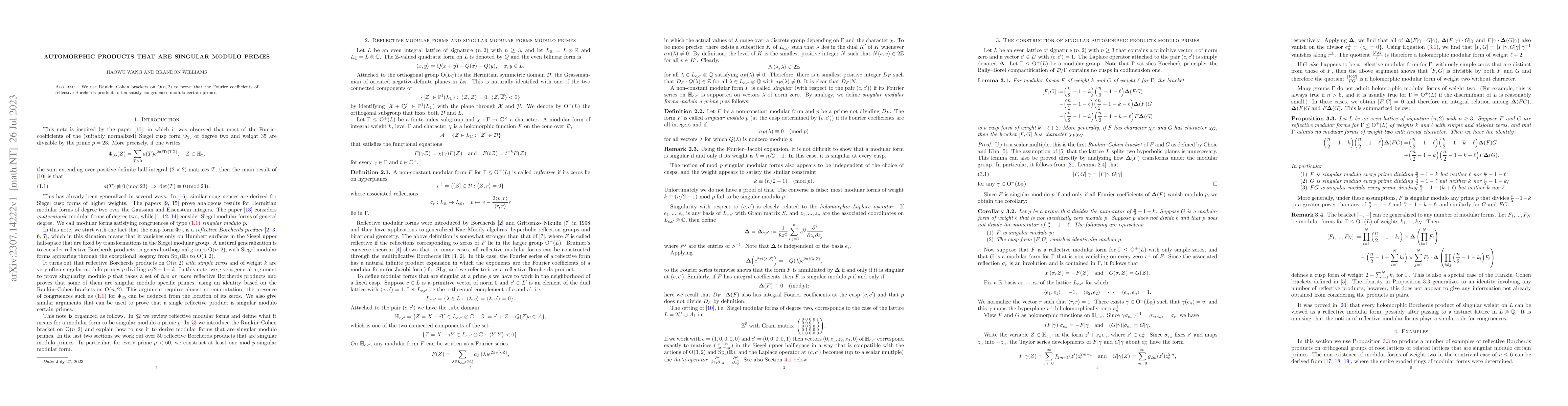 Thumbnail for Automorphic products that are singular modulo primes