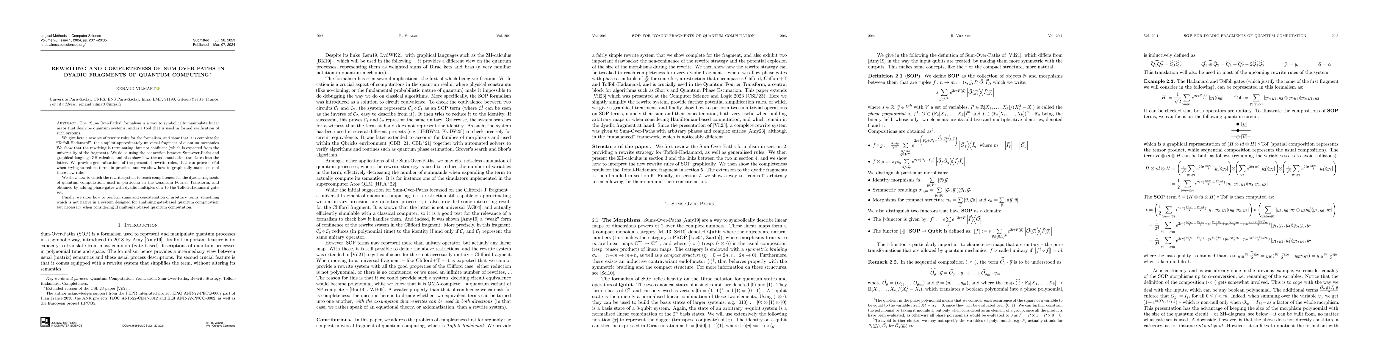 Thumbnail for Rewriting and Completeness of Sum-Over-Paths in Dyadic Fragments of
  Quantum Computing