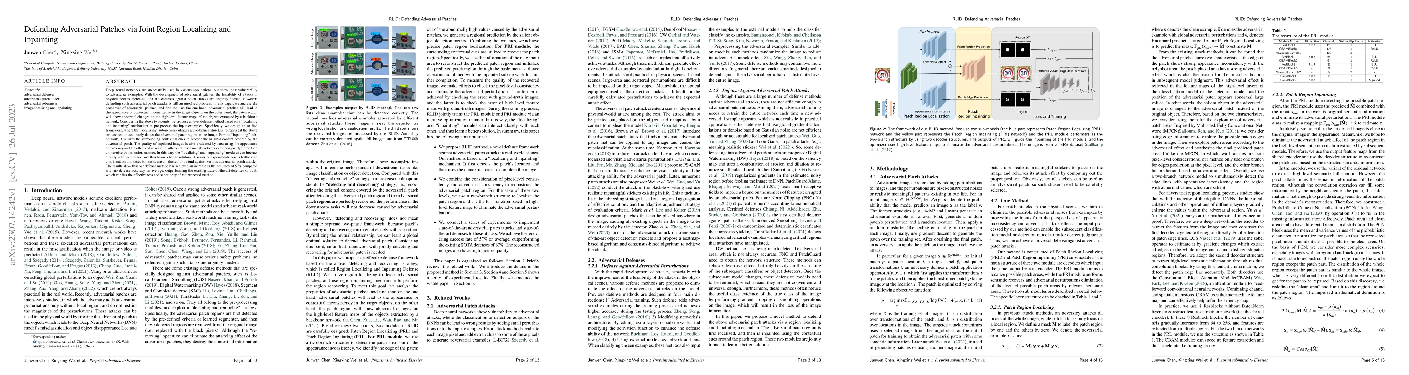 Thumbnail for Defending Adversarial Patches via Joint Region Localizing and Inpainting