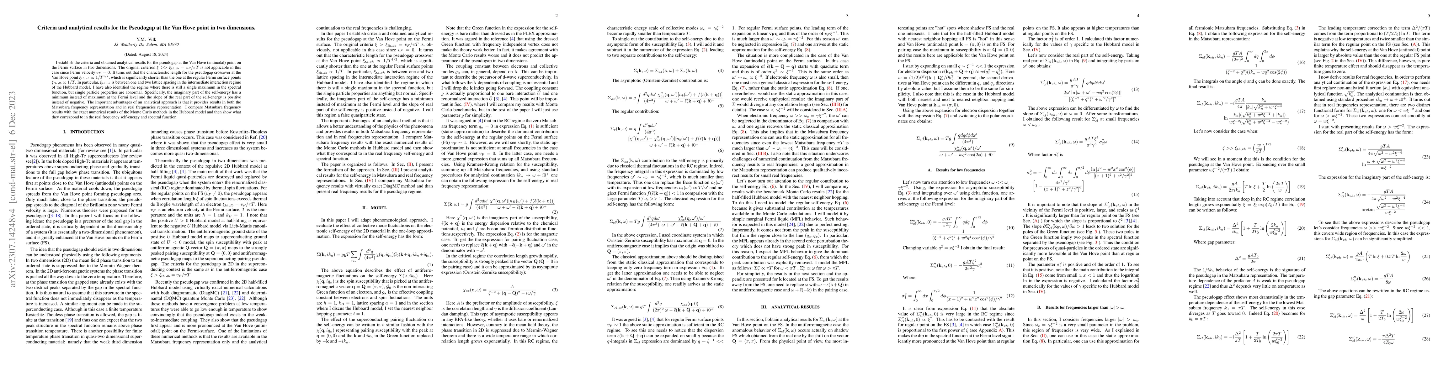 Thumbnail for Criteria and analytical results for the Pseudogap at the Van Hove point
  in two dimensions
