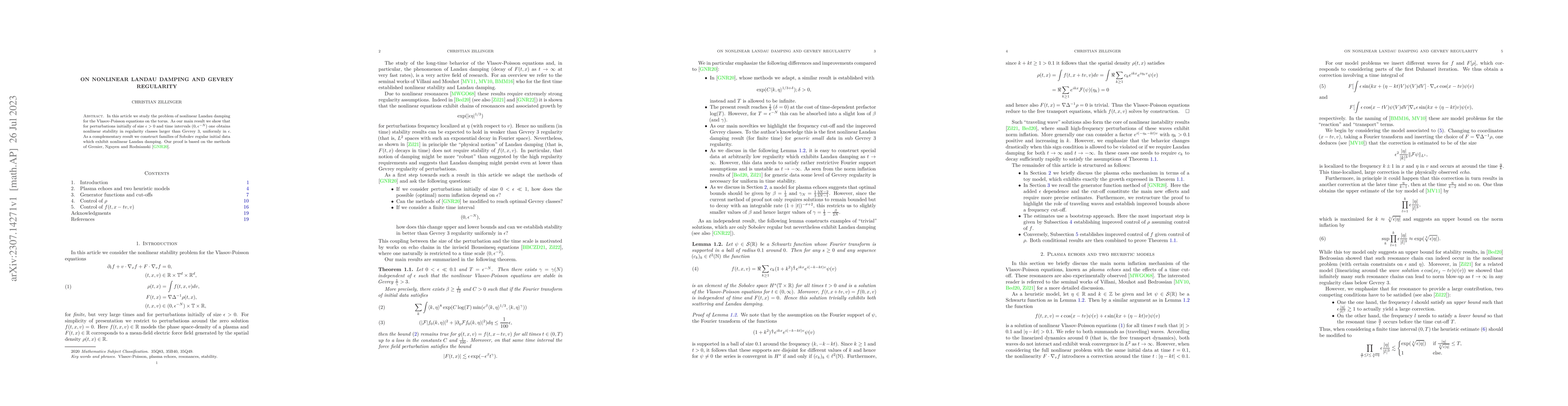 Thumbnail for On nonlinear Landau damping and Gevrey regularity