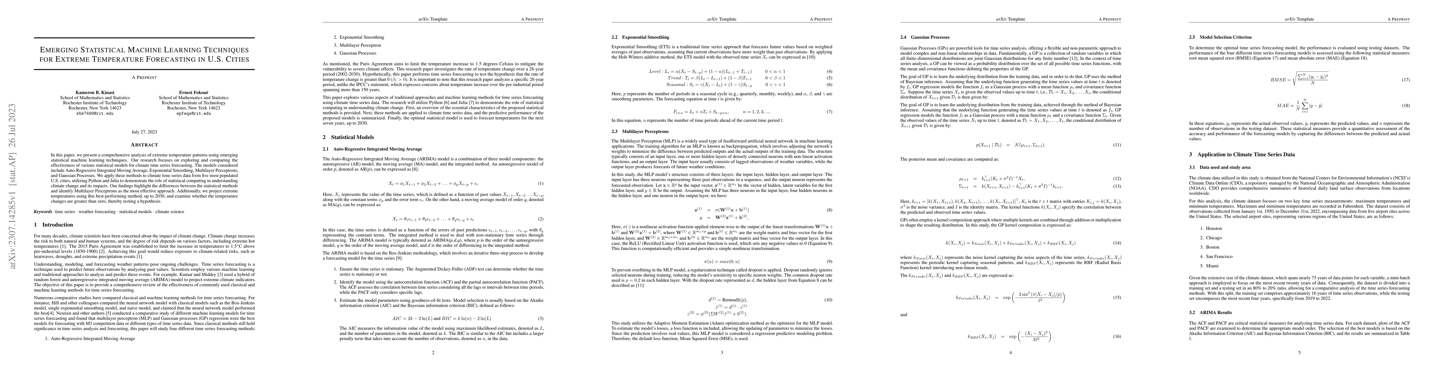 Thumbnail for Emerging Statistical Machine Learning Techniques for Extreme Temperature
  Forecasting in U.S. Cities