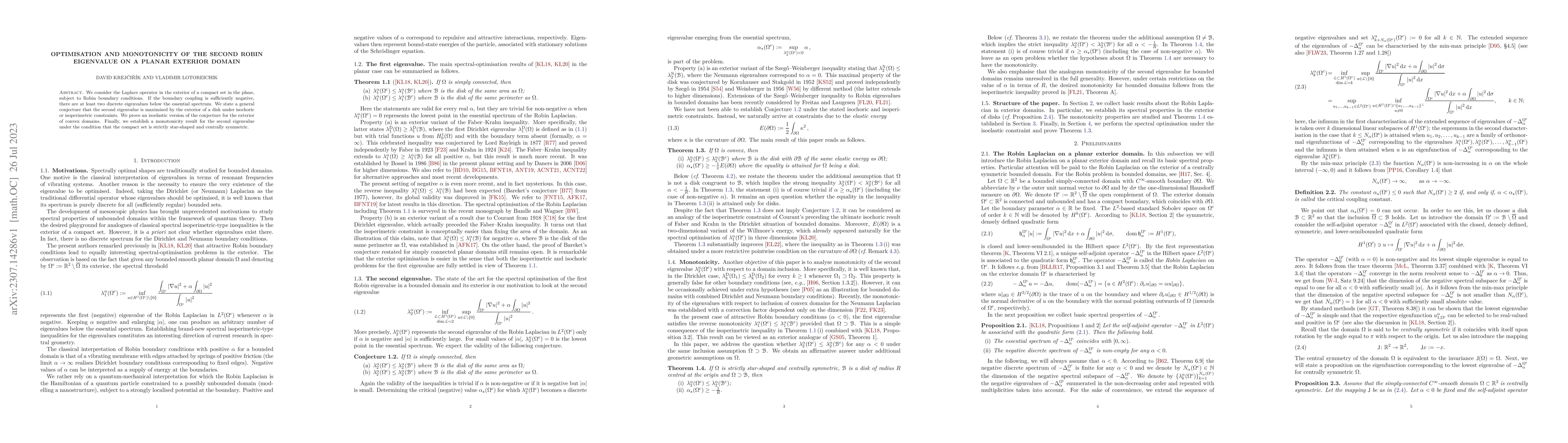 Thumbnail for Optimisation and monotonicity of the second Robin eigenvalue on a planar
  exterior domain