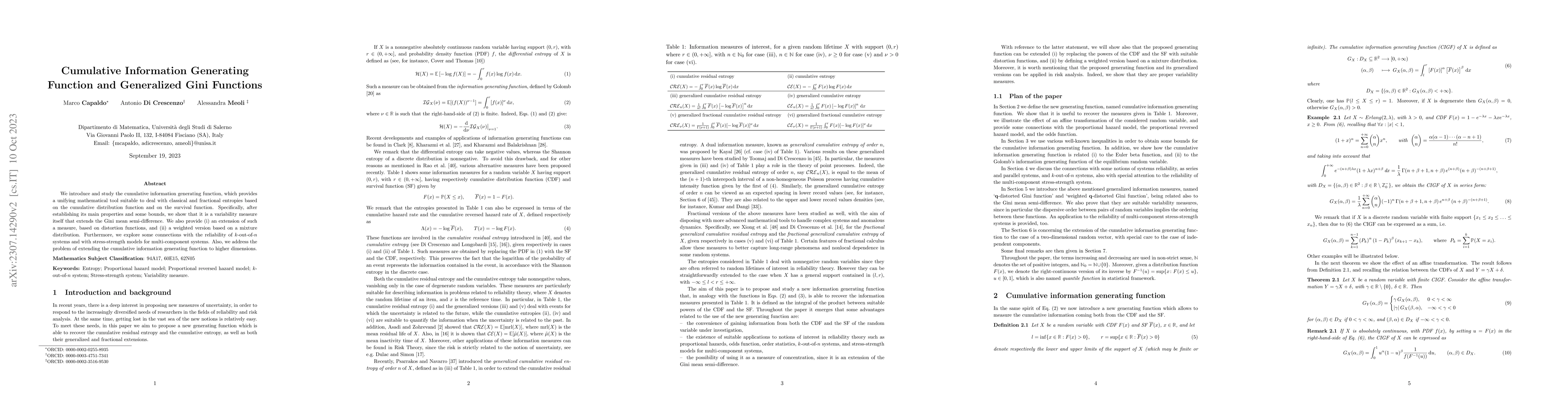 Thumbnail for Cumulative Information Generating Function and Generalized Gini
  Functions
