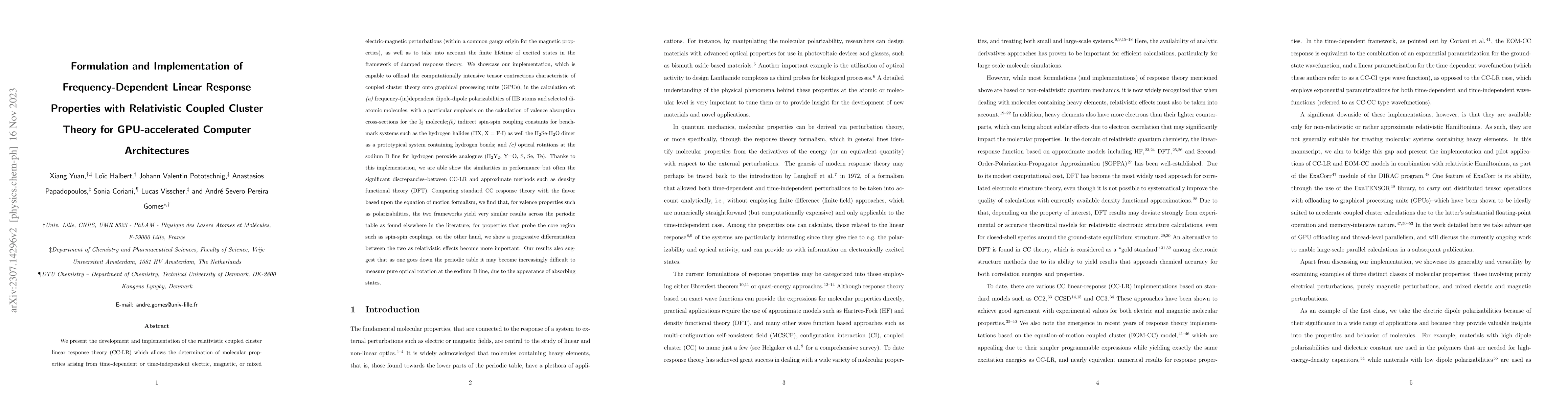 Thumbnail for Formulation and Implementation of Frequency-Dependent Linear Response
  Properties with Relativistic Coupled Cluster Theory for GPU-accelerated
  Computer Architectures