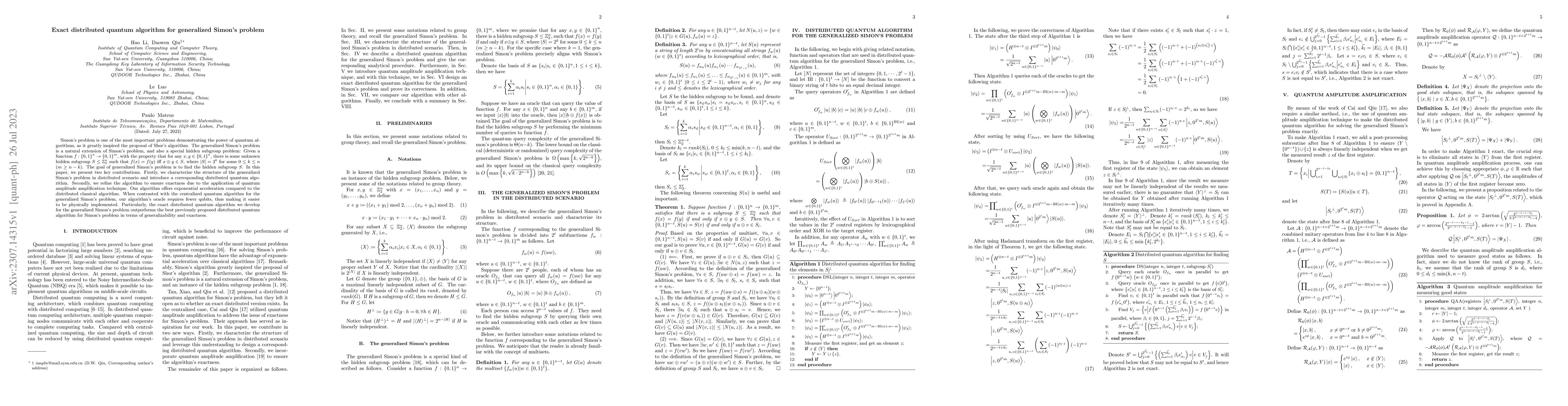 Thumbnail for Exact distributed quantum algorithm for generalized Simon's problem