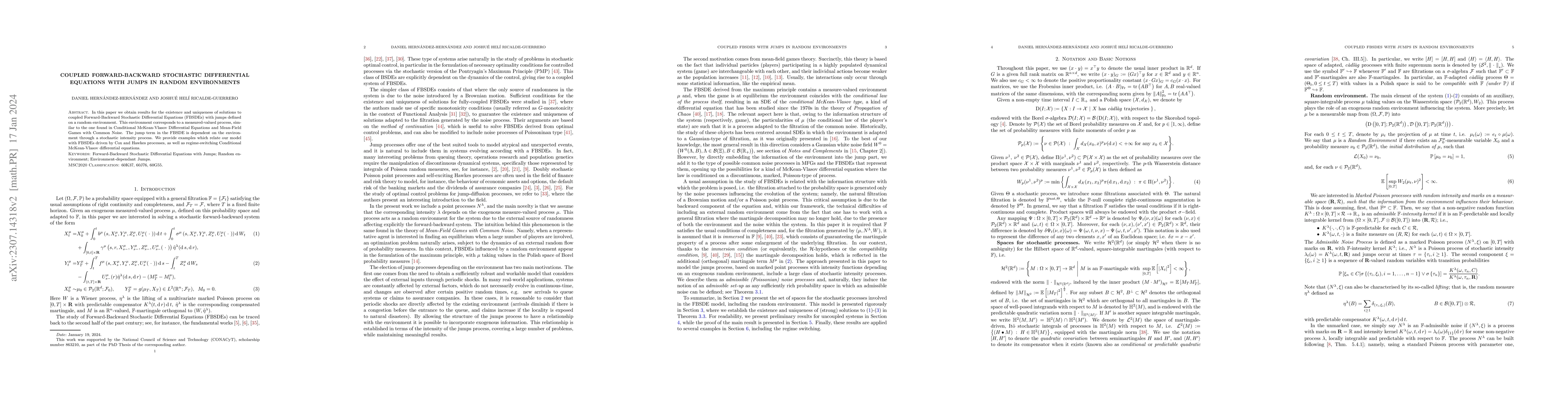 Thumbnail for Coupled forward-backward stochastic differential equations with jumps in
  random environments