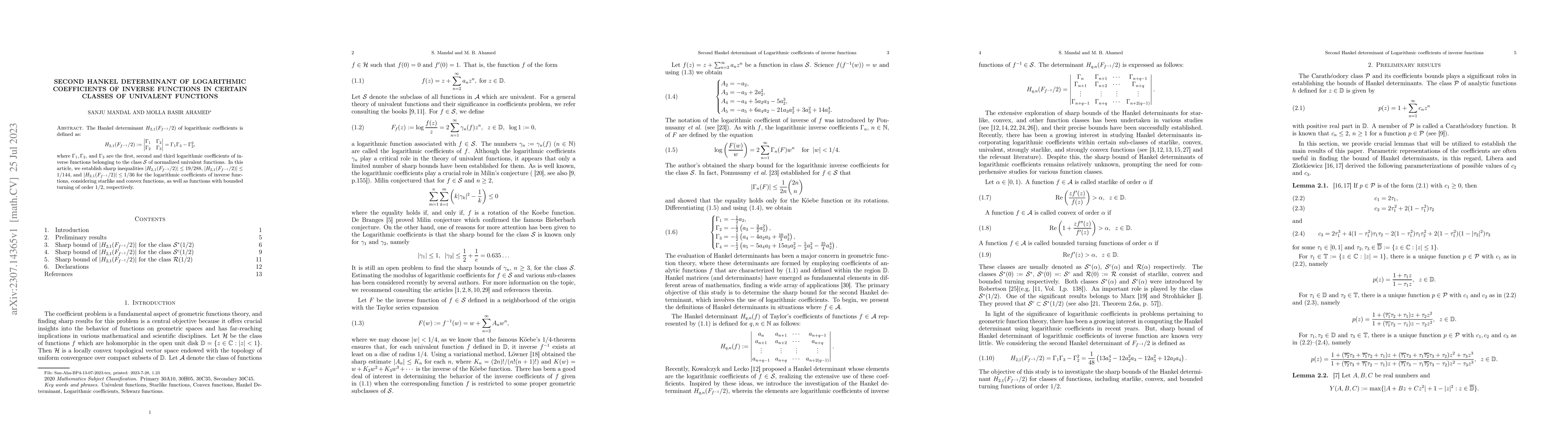 Thumbnail for Second Hankel determinant of logarithmic coefficients of inverse
  functions in certain classes of univalent functions