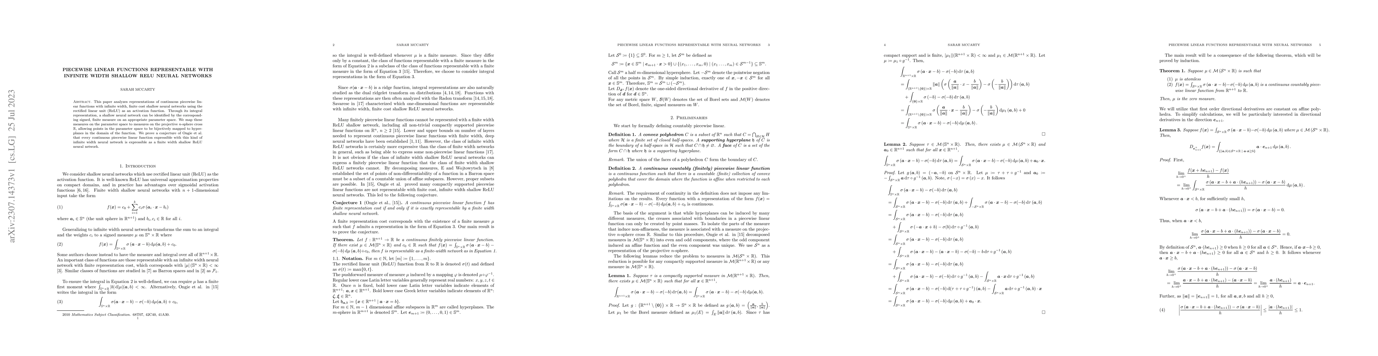 Thumbnail for Piecewise Linear Functions Representable with Infinite Width Shallow
  ReLU Neural Networks