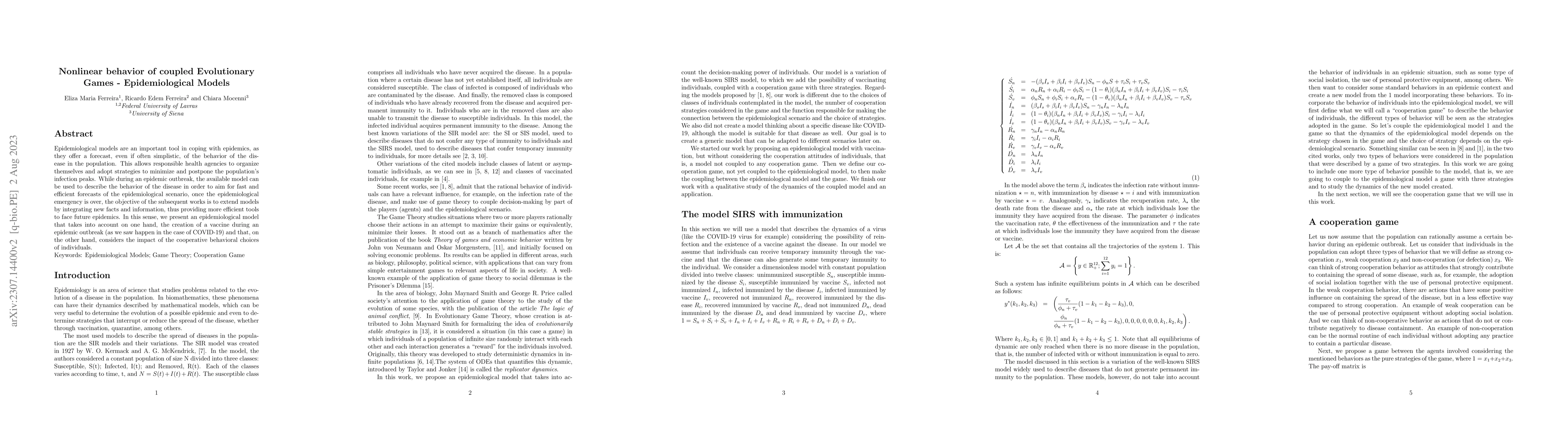 Thumbnail for Nonlinear behavior of coupled Evolutionary Games -- Epidemiological
  Models