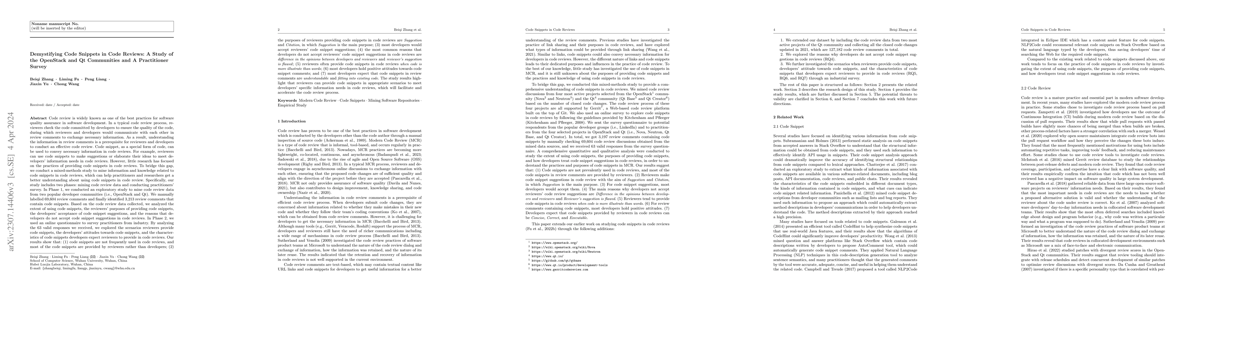 Thumbnail for Demystifying Code Snippets in Code Reviews: A Study of the OpenStack and
  Qt Communities and A Practitioner Survey