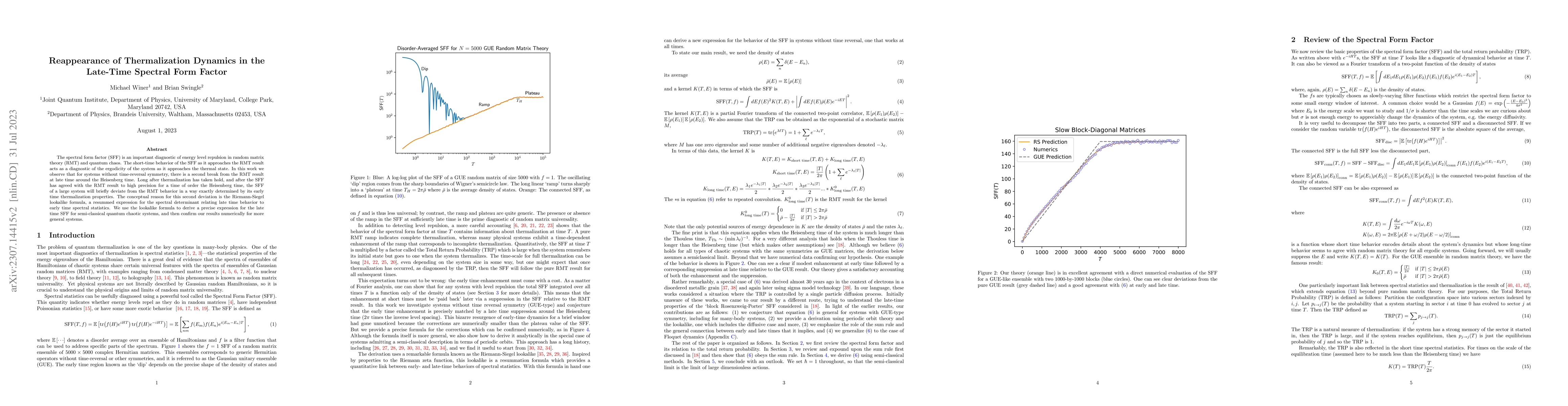 Thumbnail for Reappearance of Thermalization Dynamics in the Late-Time Spectral Form
  Factor