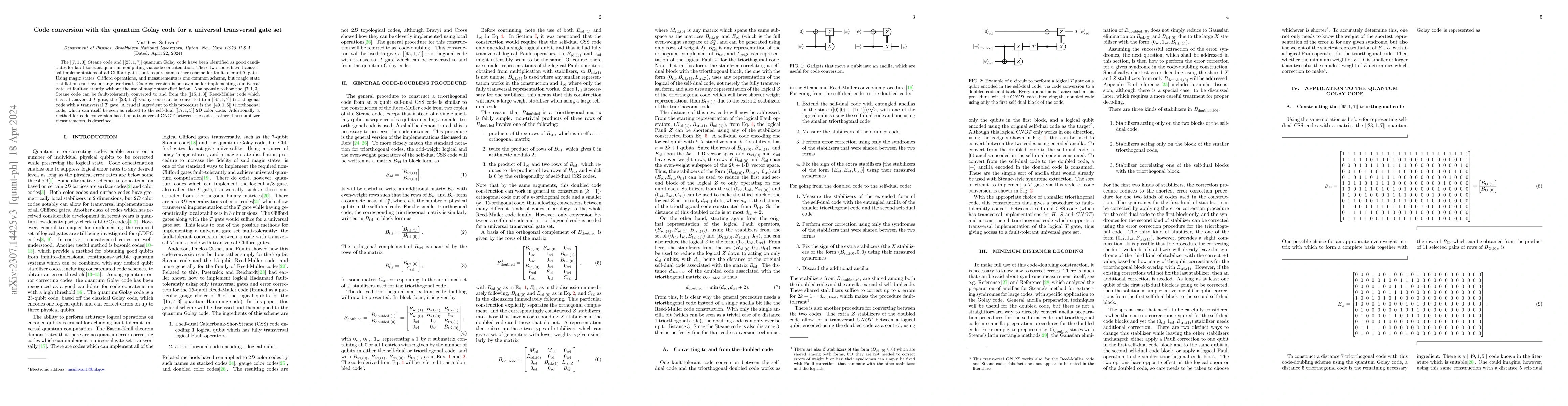 Thumbnail for Code conversion with the quantum Golay code for a universal transversal
  gate set