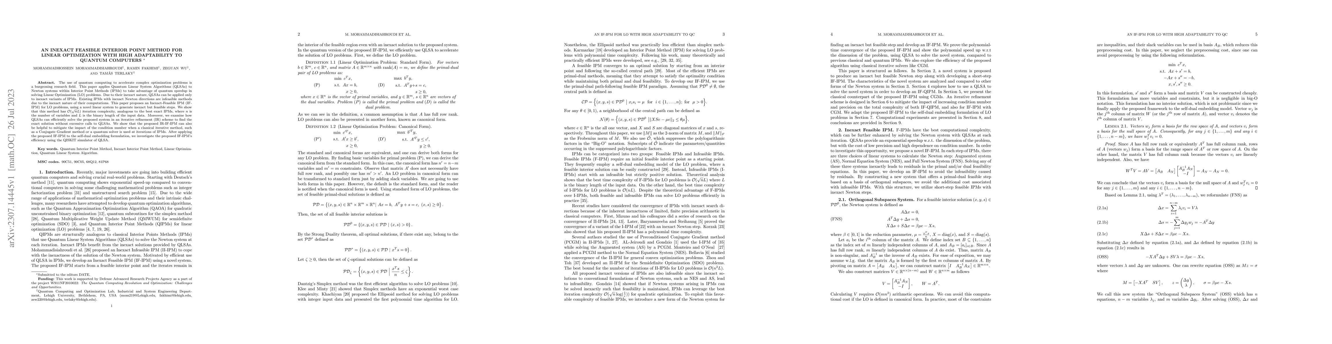 Thumbnail for An Inexact Feasible Interior Point Method for Linear Optimization with
  High Adaptability to Quantum Computers