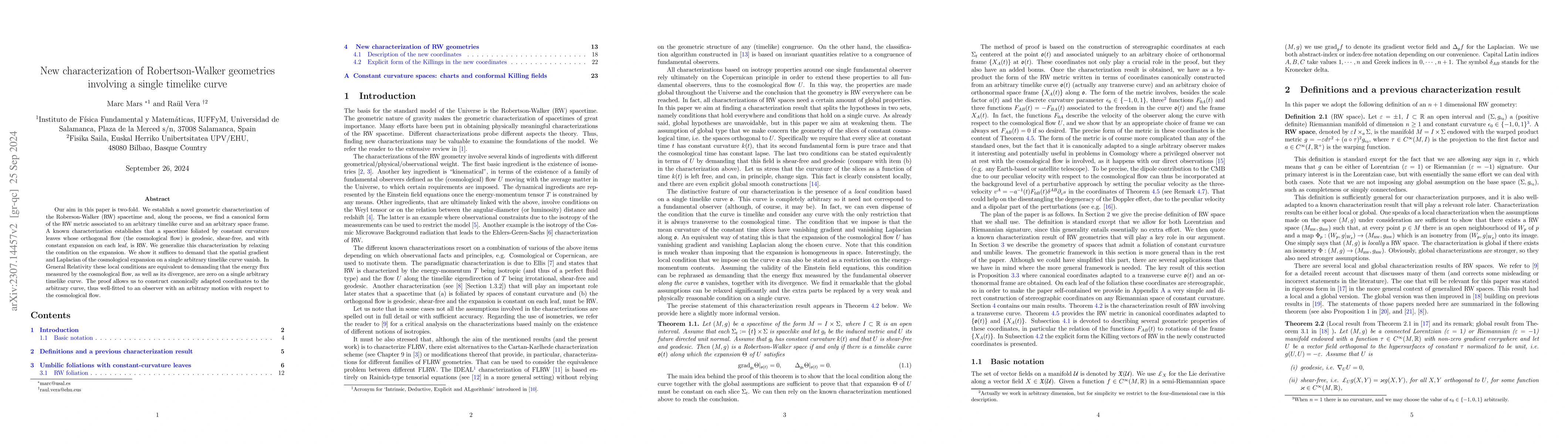Thumbnail for New characterization of Robertson-Walker geometries involving a single
  timelike curve