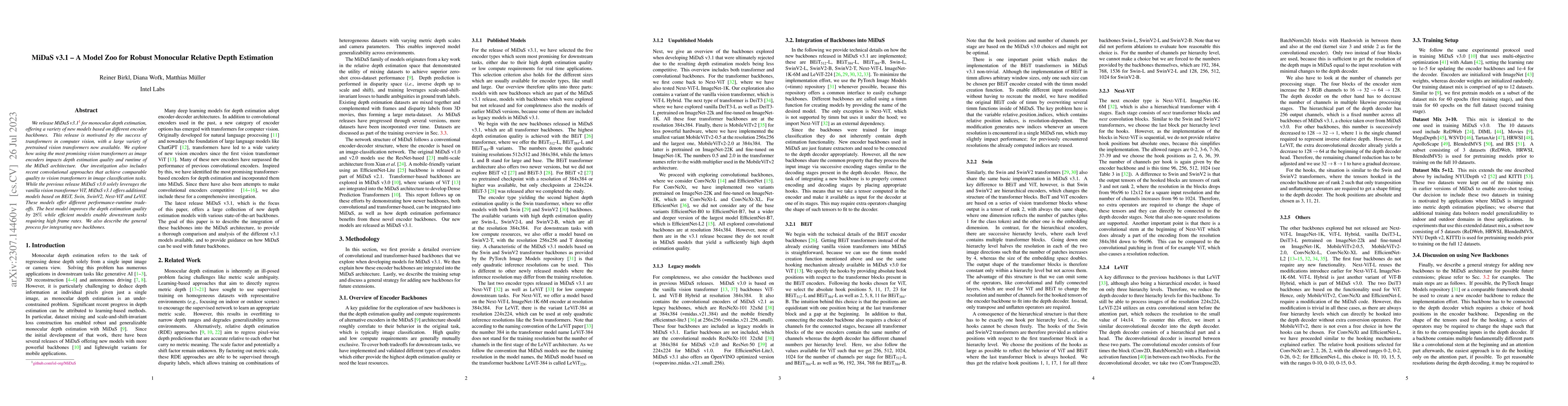 Thumbnail for MiDaS v3.1 -- A Model Zoo for Robust Monocular Relative Depth Estimation