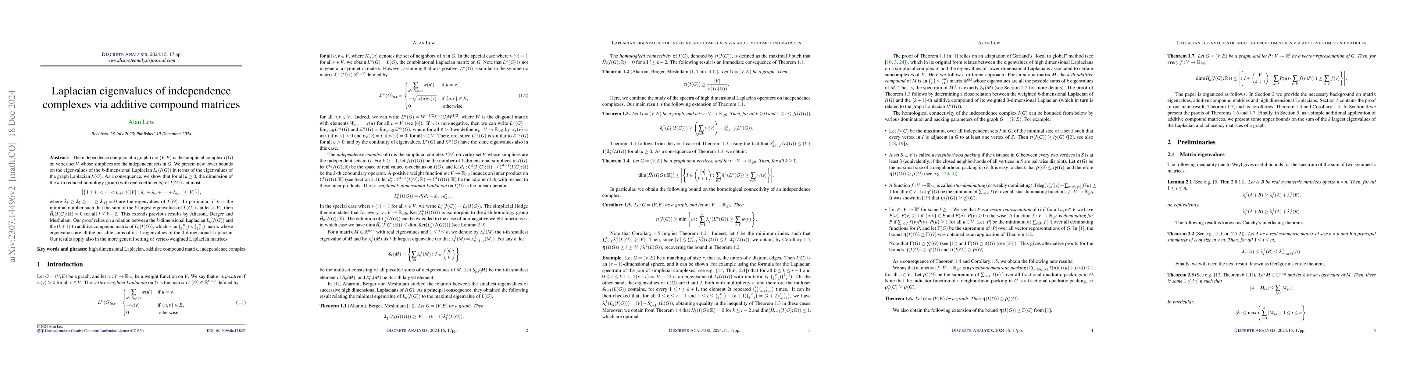 Thumbnail for Laplacian eigenvalues of independence complexes via additive compound
  matrices