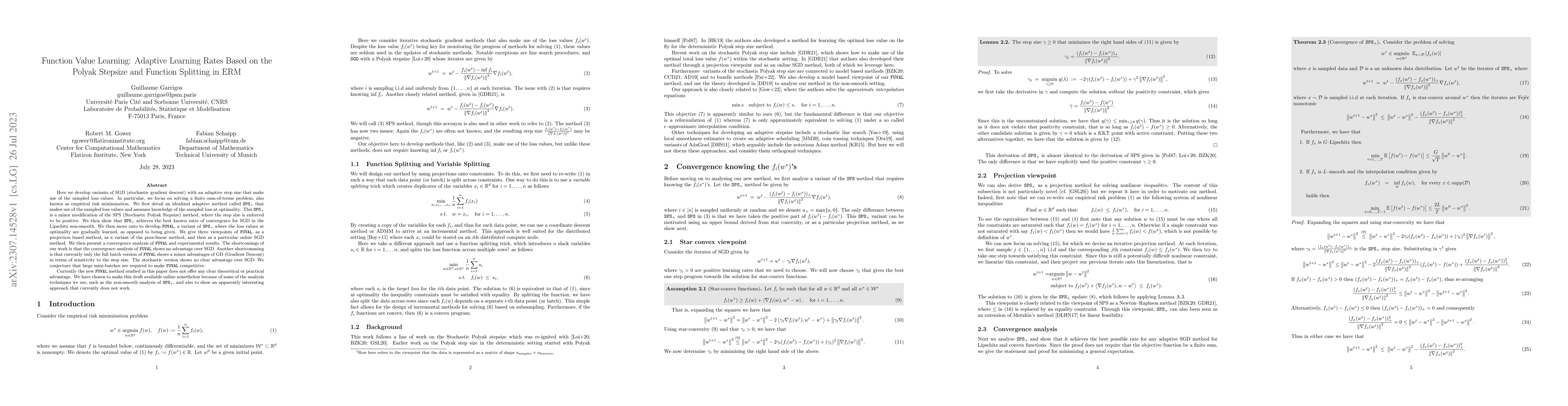 Thumbnail for Function Value Learning: Adaptive Learning Rates Based on the Polyak
  Stepsize and Function Splitting in ERM
