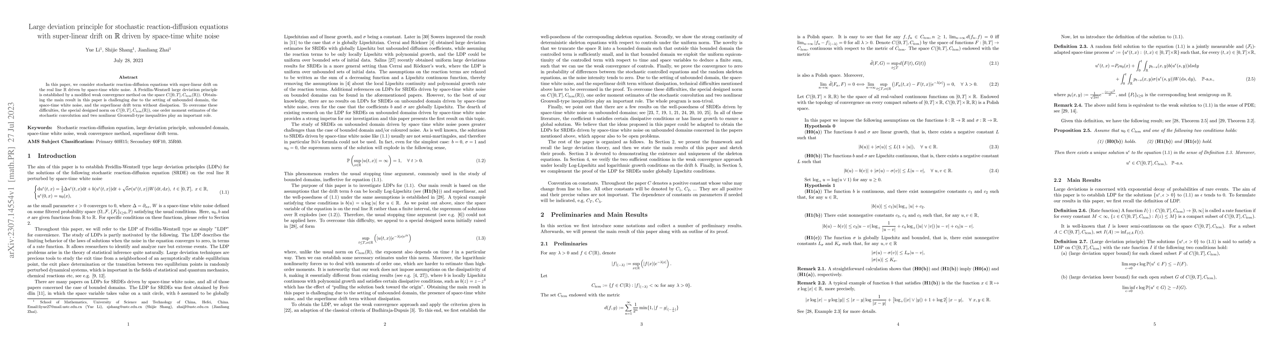 Thumbnail for Large deviation principle for stochastic reaction-diffusion equations
  with super-linear drift on $\mathbb{R}$ driven by space-time white noise