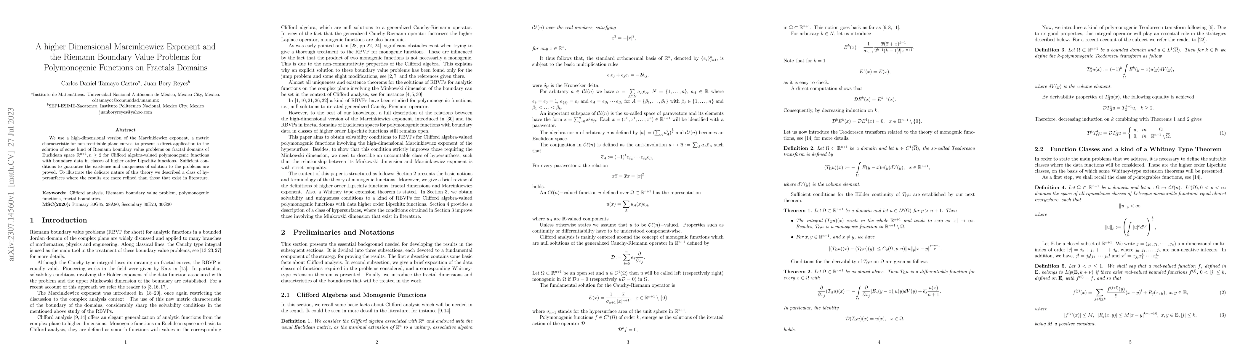 Thumbnail for A higher Dimensional Marcinkiewicz Exponent and the Riemann Boundary
  Value Problems for Polymonogenic Functions on Fractals Domains