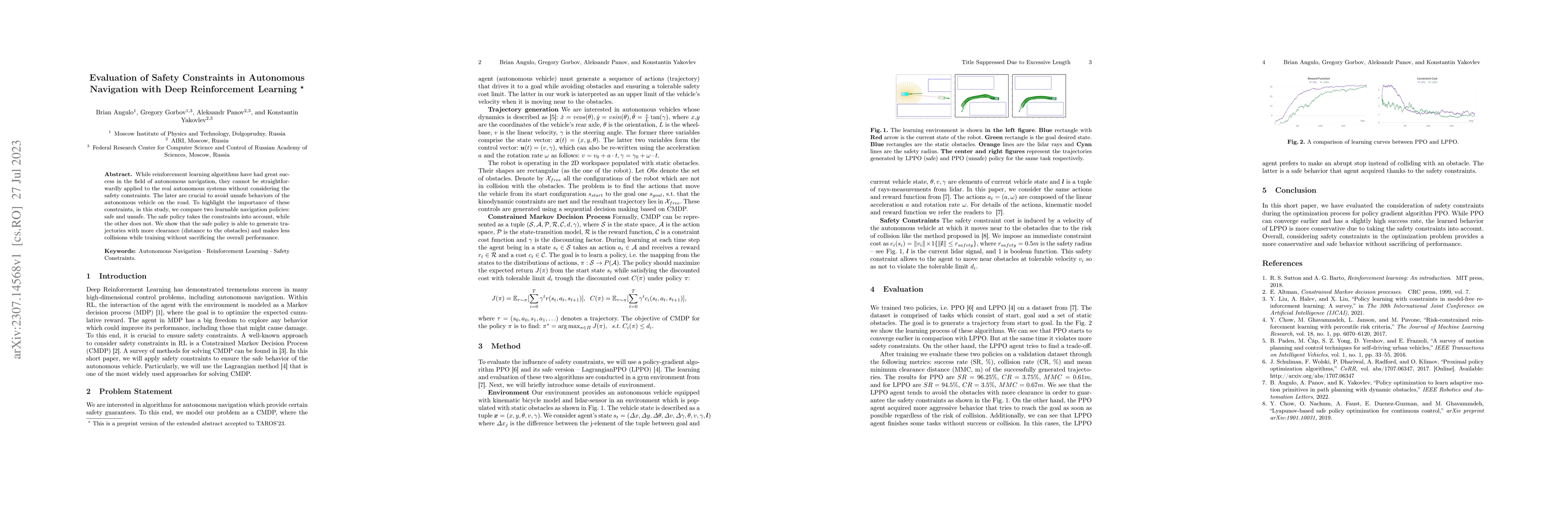 Thumbnail for Evaluation of Safety Constraints in Autonomous Navigation with Deep
  Reinforcement Learning