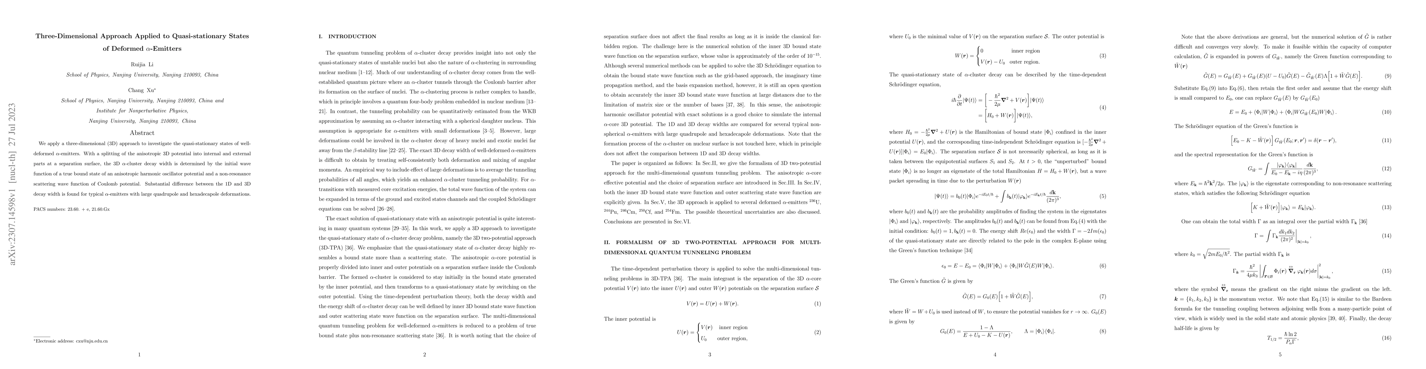 Thumbnail for Three-Dimensional Approach Applied to Quasi-stationary States of
  Deformed $\alpha$-Emitters