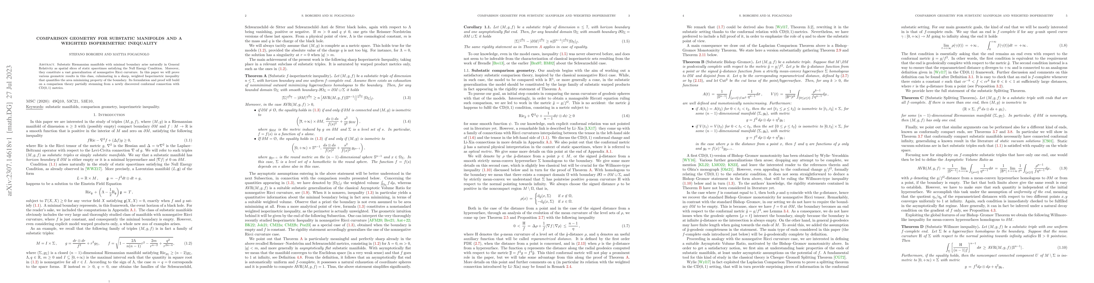 Thumbnail for Comparison geometry for substatic manifolds and a weighted Isoperimetric
  Inequality