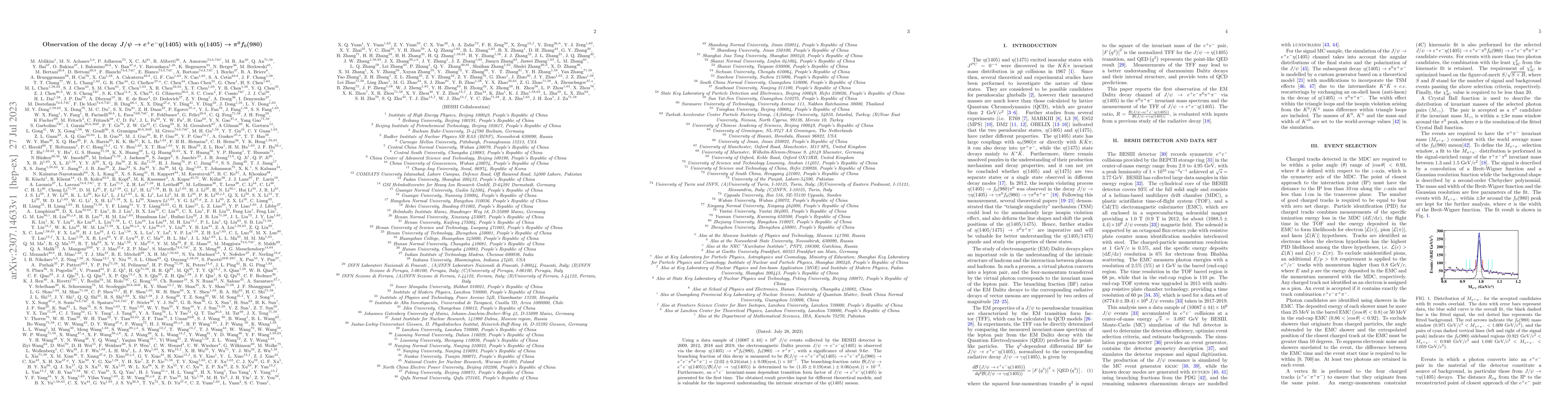 Thumbnail for Observation of the decay $J/\psi \to e^+ e^- \eta(1405)$ with
  $\eta(1405) \to \pi^0 f_0(980)$