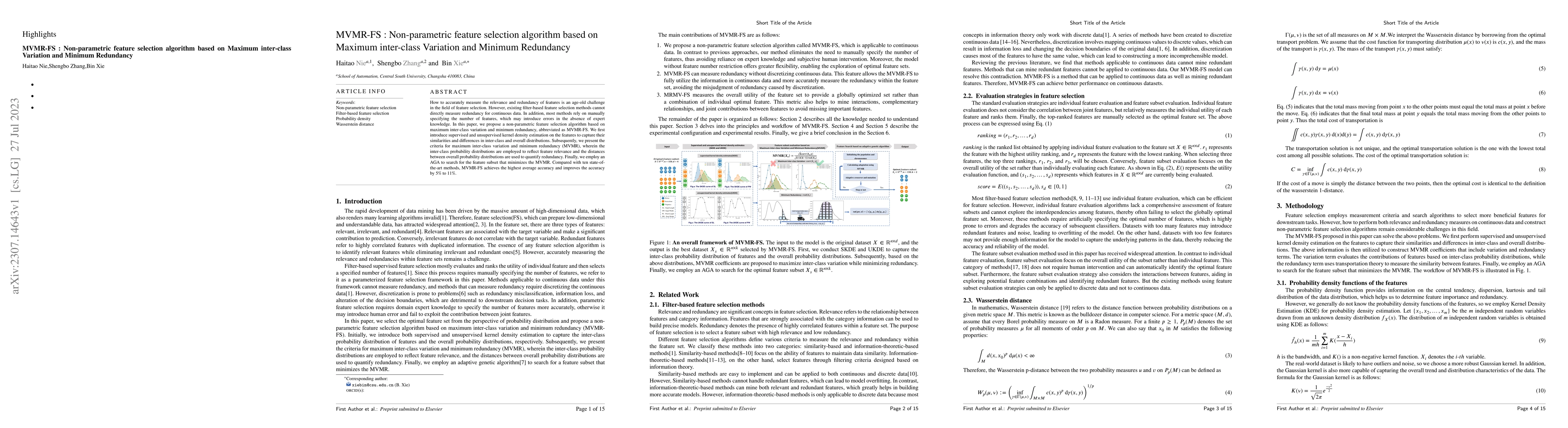 Thumbnail for MVMR-FS : Non-parametric feature selection algorithm based on Maximum
  inter-class Variation and Minimum Redundancy