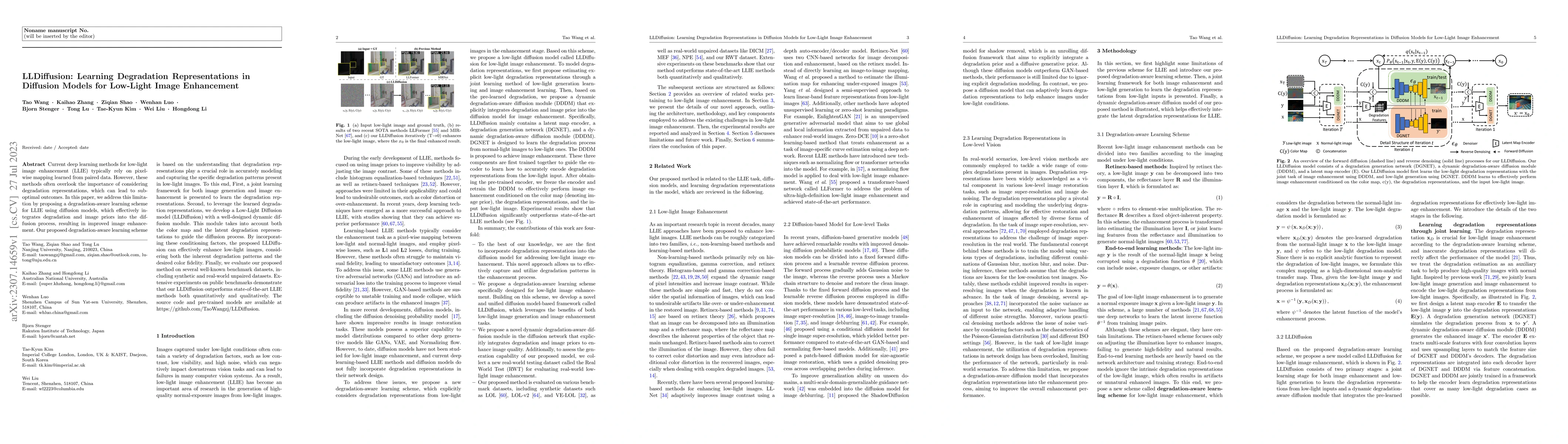 Thumbnail for LLDiffusion: Learning Degradation Representations in Diffusion Models
  for Low-Light Image Enhancement