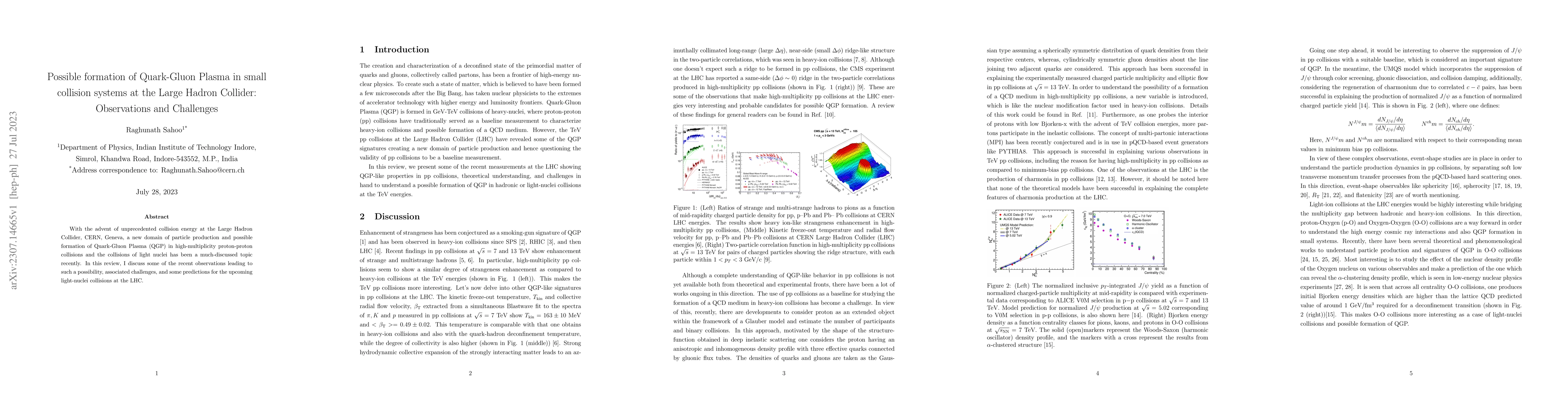 Thumbnail for Possible formation of Quark-Gluon Plasma in small collision systems at
  the Large Hadron Collider: Observations and Challenges