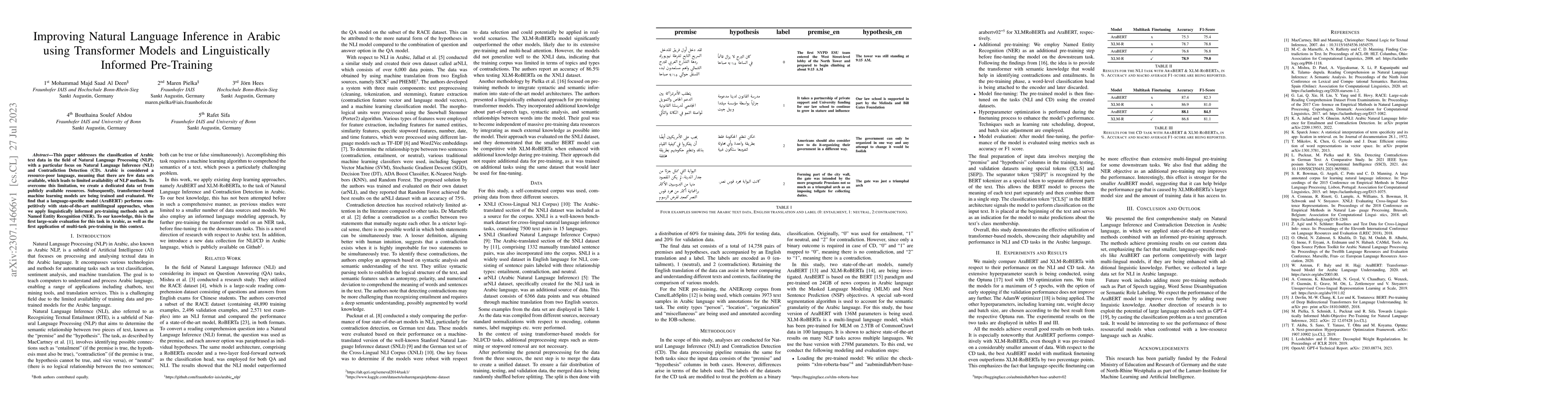 Thumbnail for Improving Natural Language Inference in Arabic using Transformer Models
  and Linguistically Informed Pre-Training