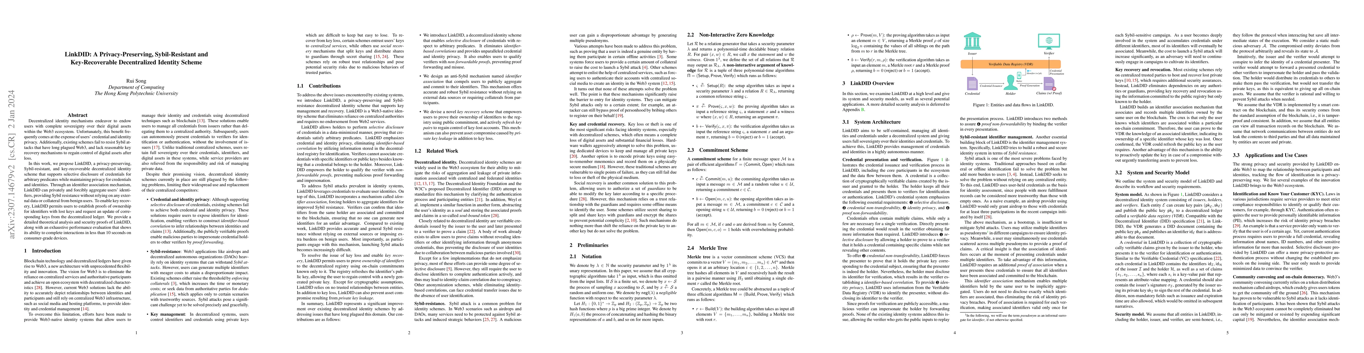Thumbnail for LinkDID: A Privacy-Preserving, Sybil-Resistant and Key-Recoverable
  Decentralized Identity Scheme