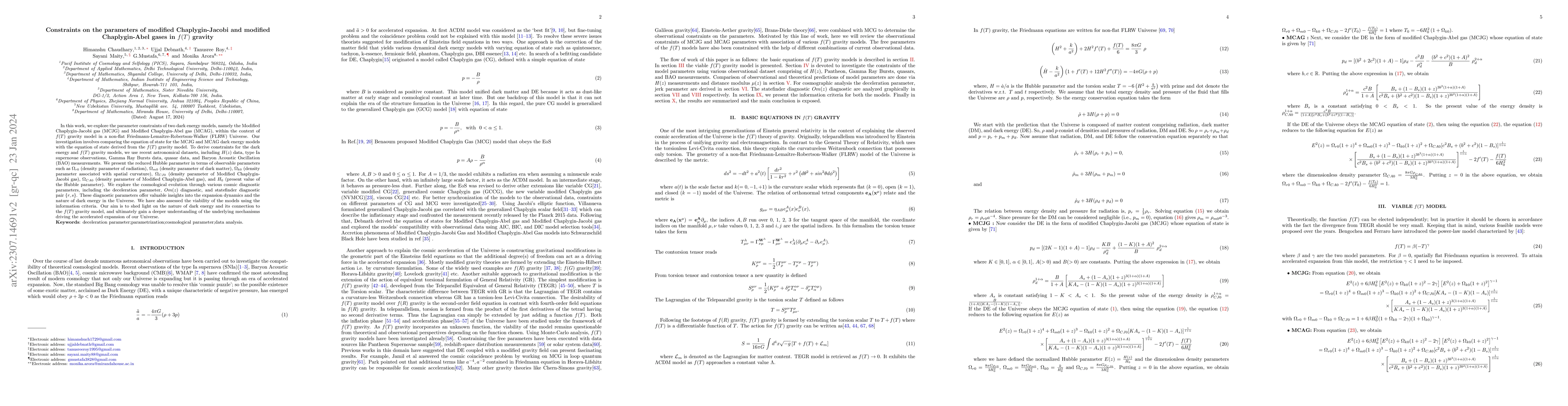 Thumbnail for Constraints on the parameters of modified Chaplygin-Jacobi and modified
  Chaplygin-Abel gases in $f(T)$ gravity
