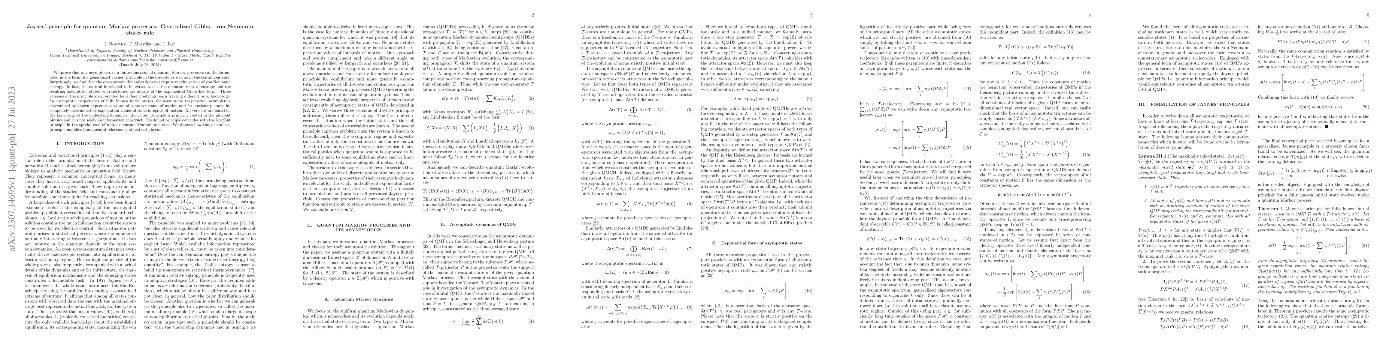 Thumbnail for Jaynes principle for quantum Markov processes: Generalized Gibbs - von
  Neumann states rule