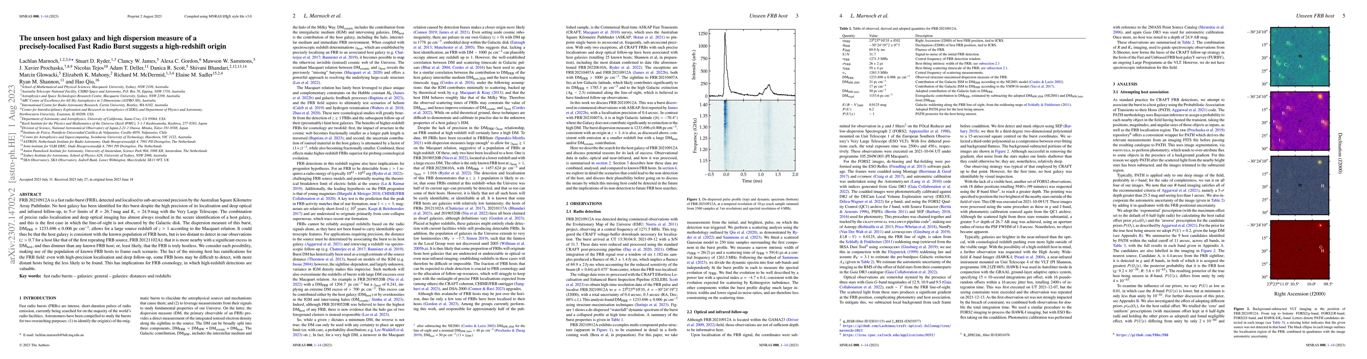 Thumbnail for The unseen host galaxy and high dispersion measure of a
  precisely-localised Fast Radio Burst suggests a high-redshift origin