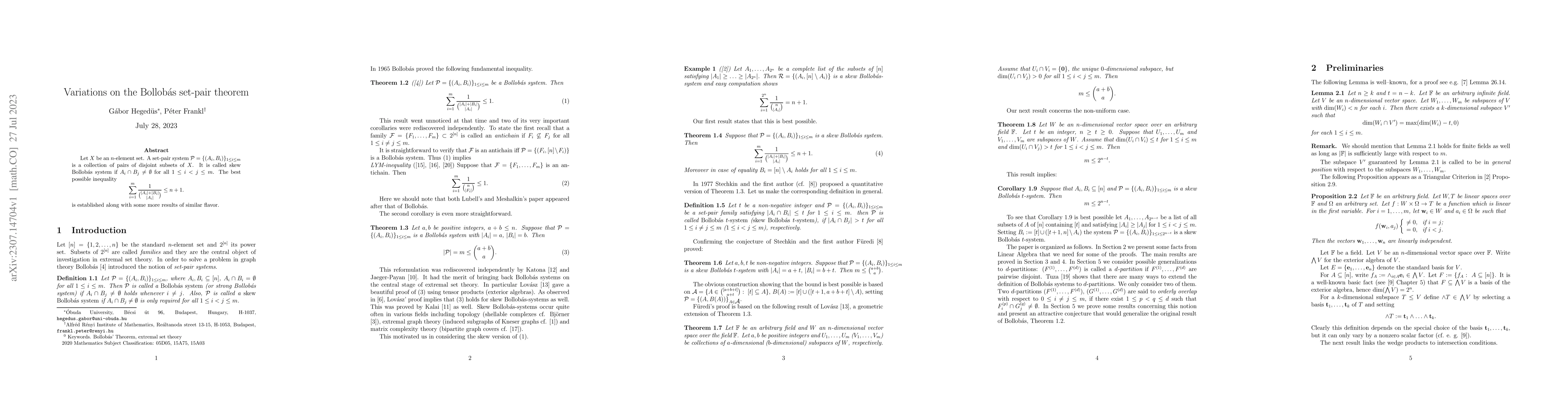 Thumbnail for Variations on the Bollob\'as set-pair theorem