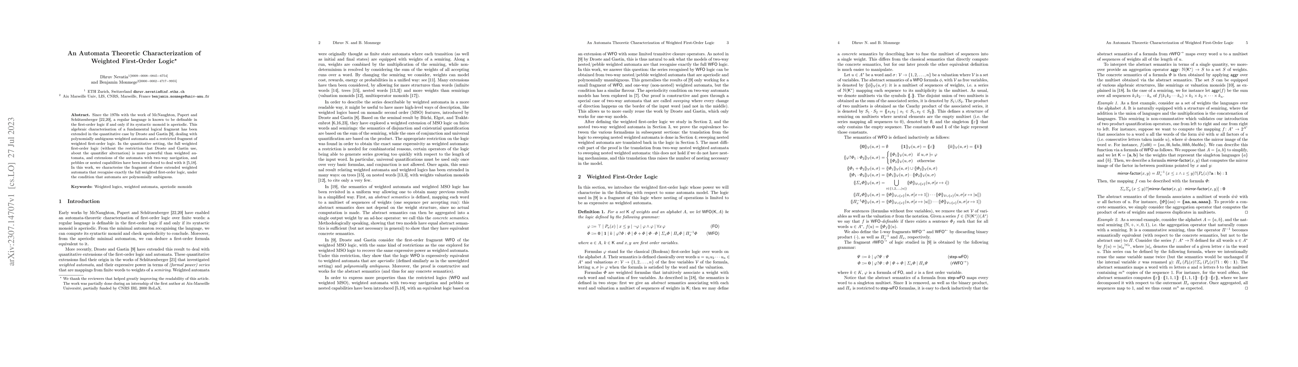 Thumbnail for An Automata Theoretic Characterization of Weighted First-Order Logic