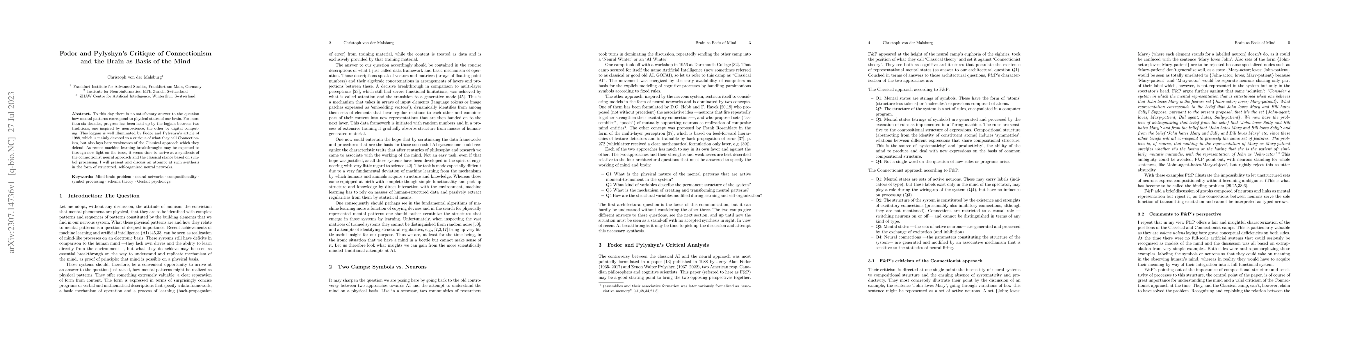 Thumbnail for Fodor and Pylyshyn's Critique of Connectionism and the Brain as Basis of
  the Mind