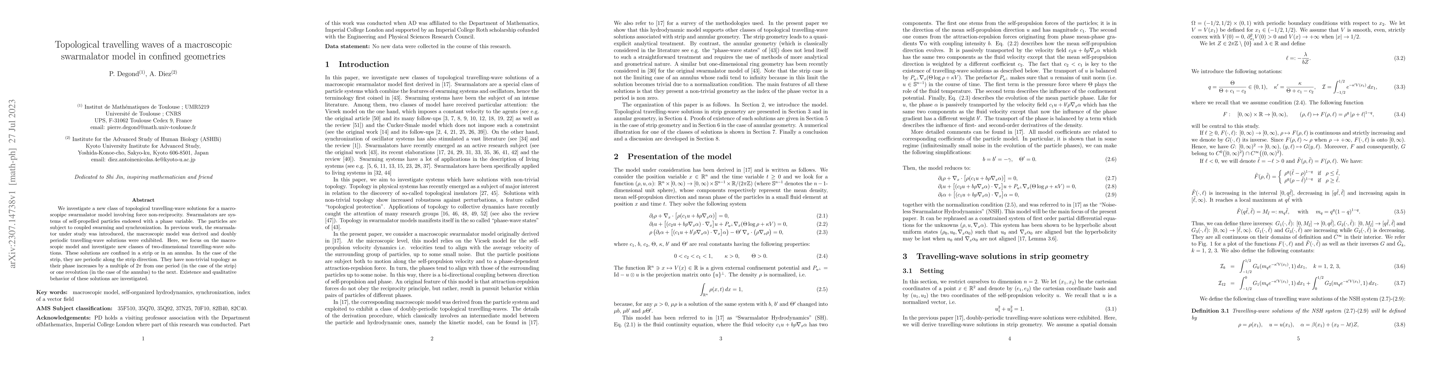 Thumbnail for Topological travelling waves of a macroscopic swarmalator model in
  confined geometries