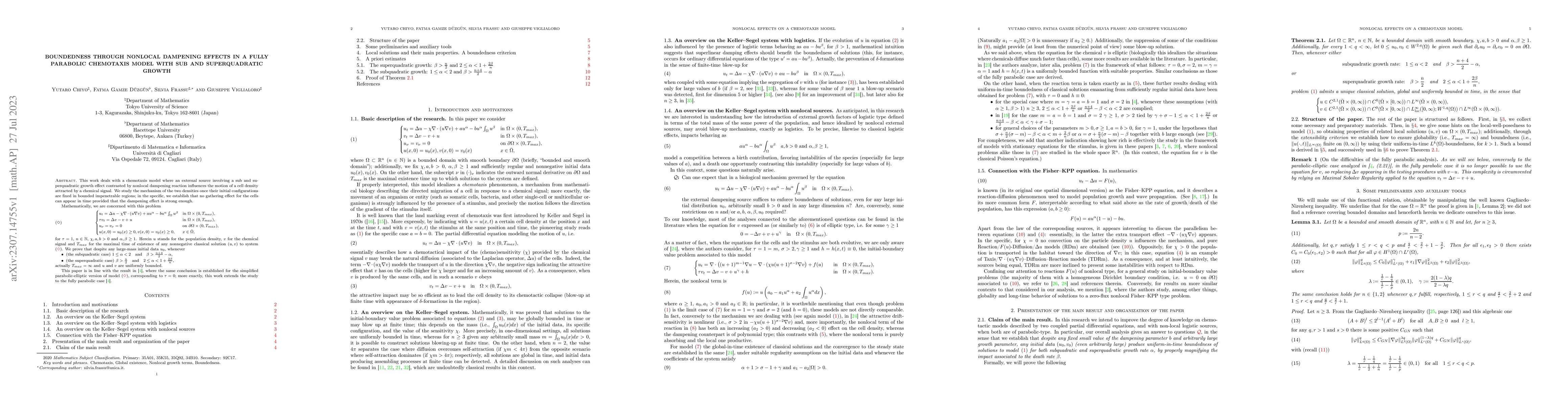 Thumbnail for Boundedness through nonlocal dampening effects in a fully parabolic
  chemotaxis model with sub and superquadratic growth