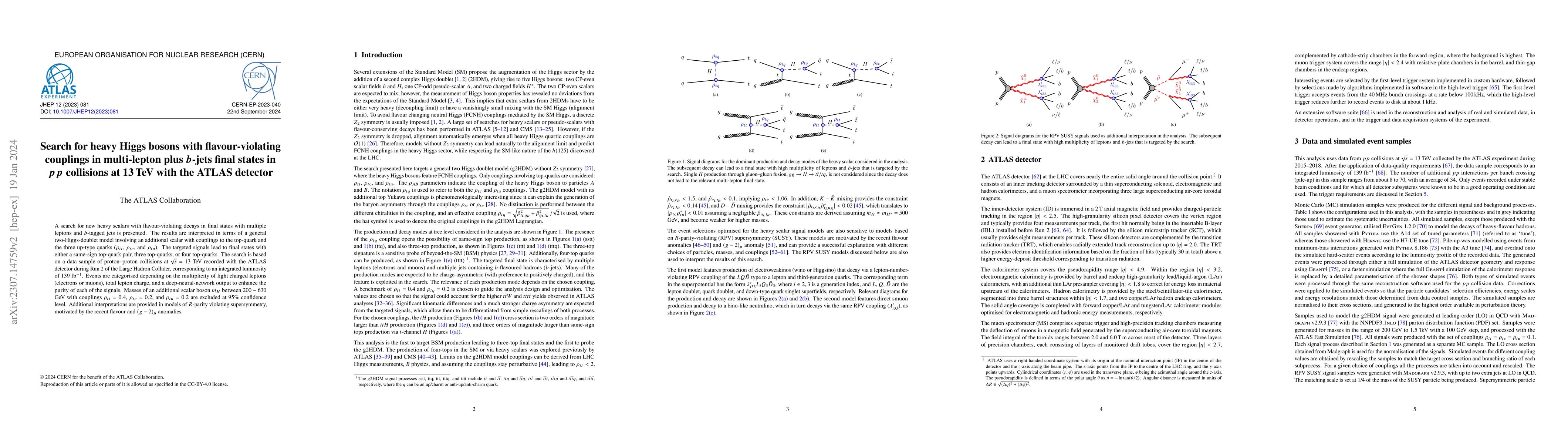 Thumbnail for Search for heavy Higgs bosons with flavour-violating couplings in
  multi-lepton plus $b$-jets final states in $pp$ collisions at 13 TeV with the
  ATLAS detector