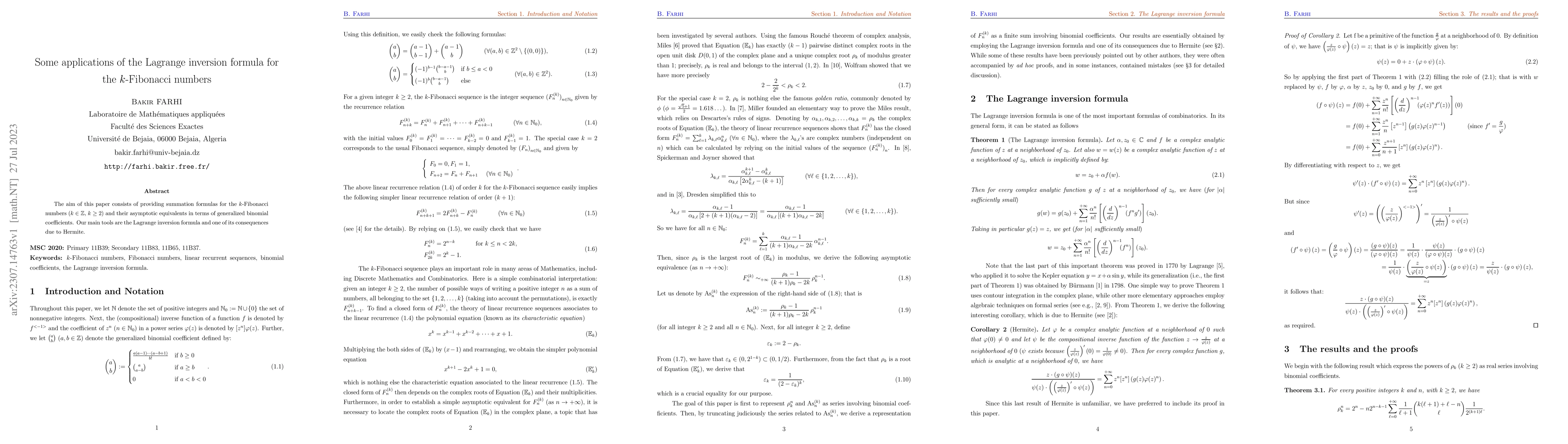 Thumbnail for Some applications of the Lagrange inversion formula for the
  $k$-Fibonacci numbers