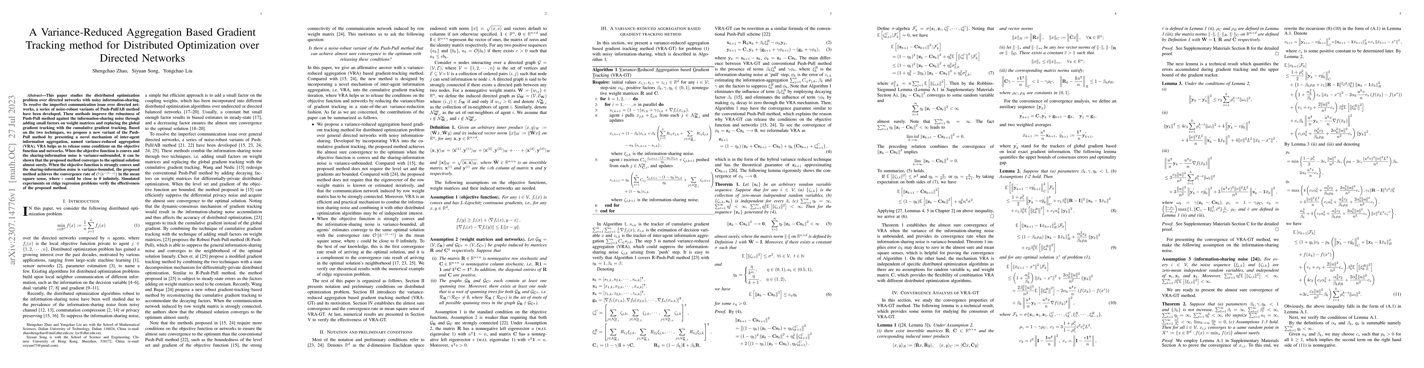 Thumbnail for A Variance-Reduced Aggregation Based Gradient Tracking method for
  Distributed Optimization over Directed Networks