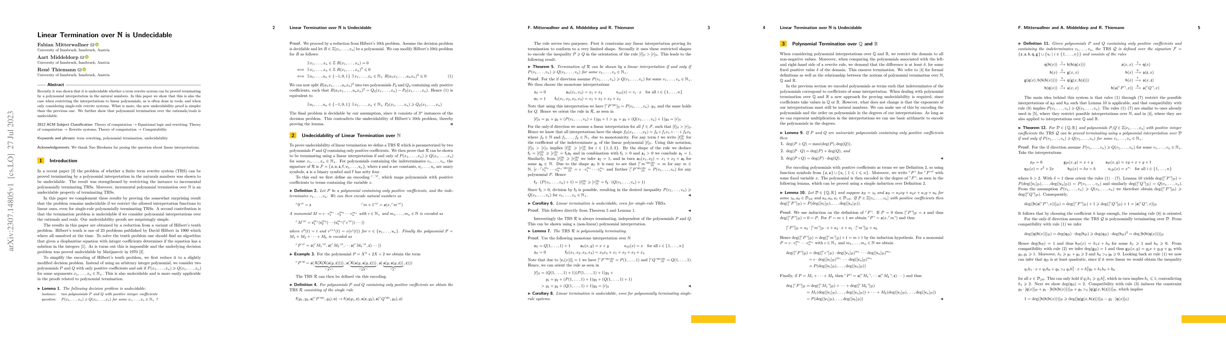 Thumbnail for Linear Termination over N is Undecidable