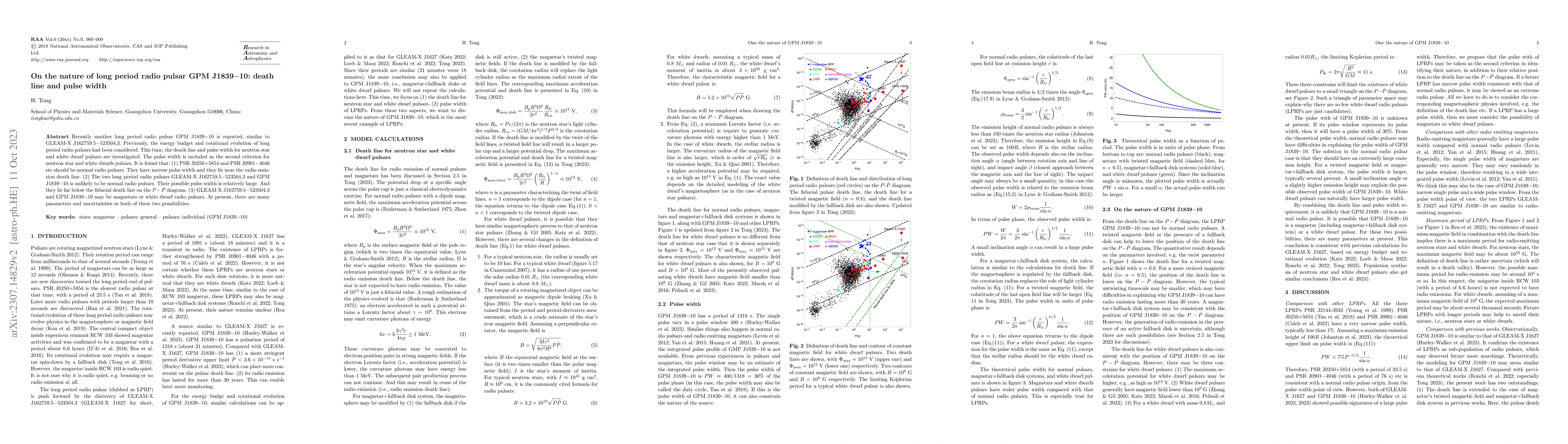 Thumbnail for On the nature of long period radio pulsar GPM J1839$-$10: death line and
  pulse width