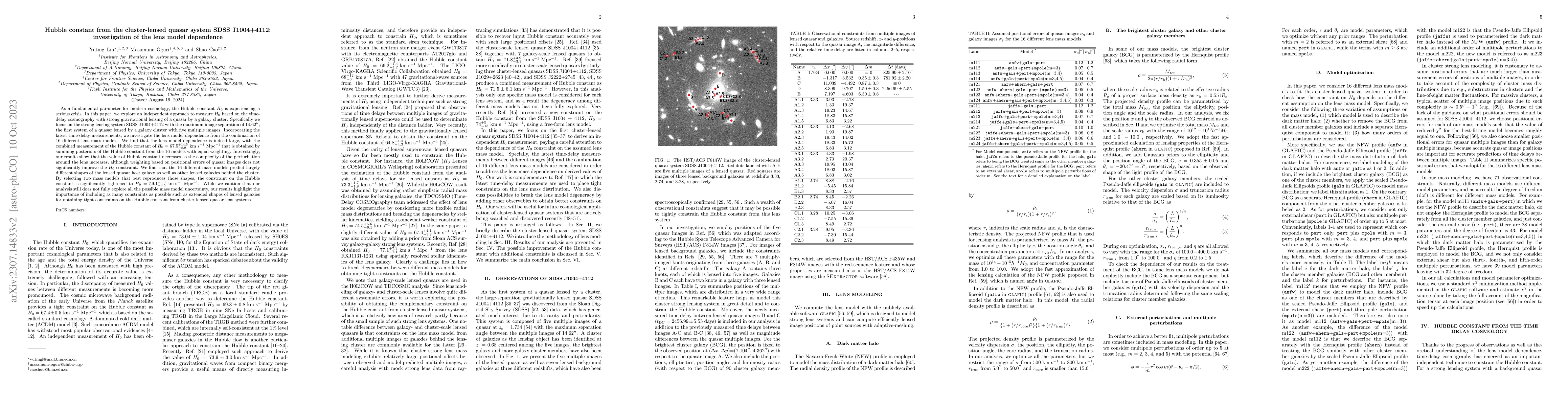 Thumbnail for Hubble constant from the cluster-lensed quasar system SDSS J1004+4112:
  investigation of the lens model dependence