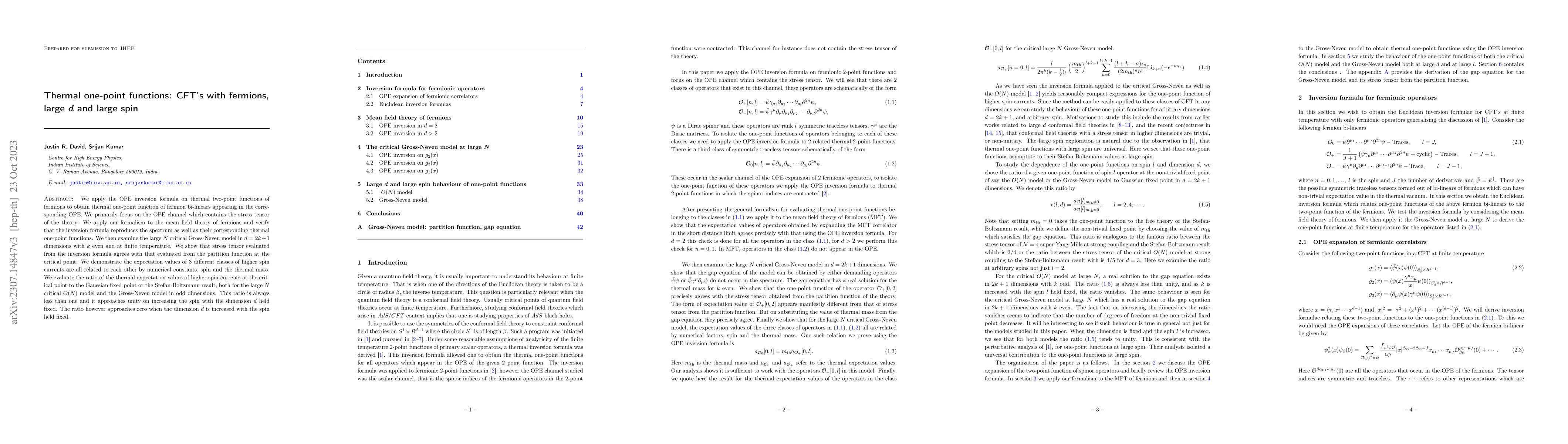 Thumbnail for Thermal one-point functions: CFT's with fermions, large $d$ and large
  spin